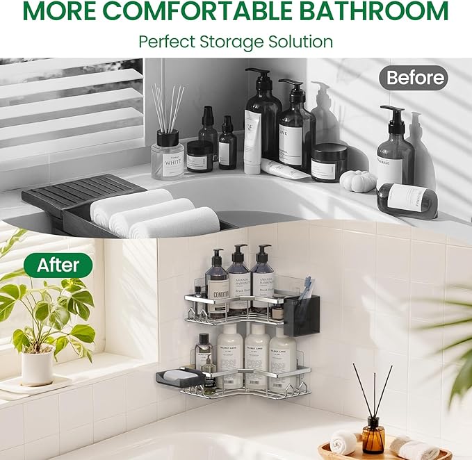 esive Shower Caddy, 2 Pack Corner Bath Organizer, Rustproof Stainless Steel Shower Shelves with Large Capacity, No Drilling Shelves for Bathroom Storage, Home, Kitchen Decor (Silver).