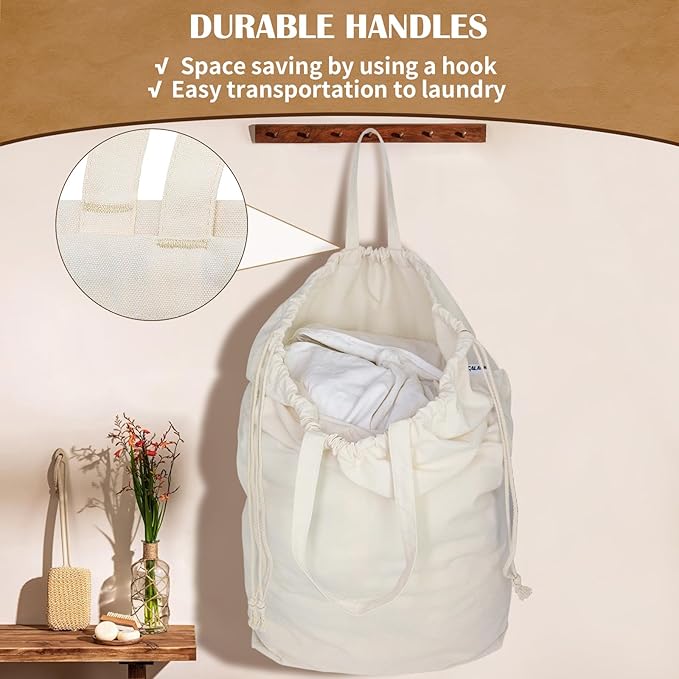 Canvas Laundry Bags with Handles & Square Base18"Lx18"Wx27.6"H, Extra Large Heavy Duty Laundry Basket Hamper Liner, Washable Drawstring Dirty Clothes Bag Canvas Storage Sack (Beige XL,1 Pack)