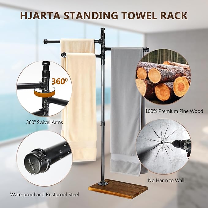 Hjarta 360° Swivel Standing Towel Rack, Free Standing Towel Holder with Wooden Base, Towel Stand with 3 Arms for Bathroom, Poolside