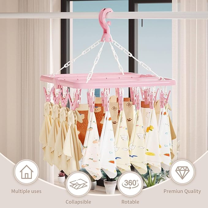 Clothes Drying Rack with 32 Clips, Foldable Hanging Rack, 360° Rotatable Hook for Drying Socks Baby Clothes Towels Gloves(Light Blue)