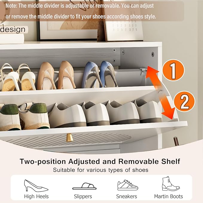 Shoe Storage Cabinet for Entryway with 2 Flip Drawers, Narrow Wood Shoe Cabinet with Fluted Panel, Freestanding Hidden Shoe Organizer for Foyer, Hallway (White - with Shelf)