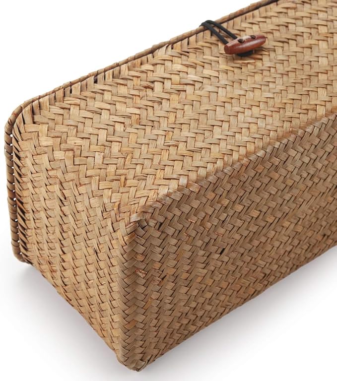 Seagrass Storage Basket for Bathroom - Wicker Toilet Tank Basket with Lid - Woven Narrow Organizer (16.5" x 5.5" x 5.5")