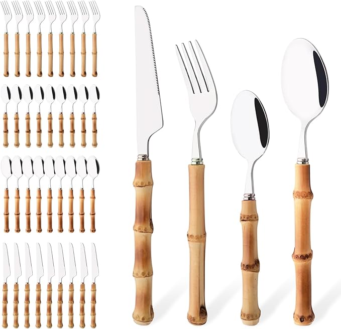 Uniturcky 8 PCS Small Fork, 6.3 Inches Stainless Steel Dessert Forks with Bamboo Handle, Kitchen Flatware Cutlery Set, Use for Tasting Cakes Fruits and Appetizer, Mirror Polished