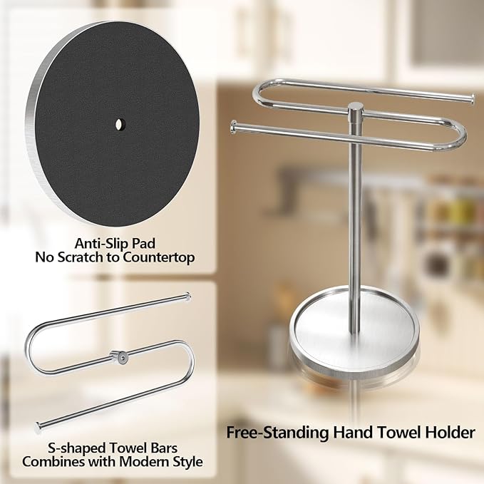 Hand Towel Holder, Stainless Steel Countertop Towel Stand for Bathroom, S-Shape Free Standing Towel Rack Bar Holds 2 Towels for Kitchen, Brushed Nickel
