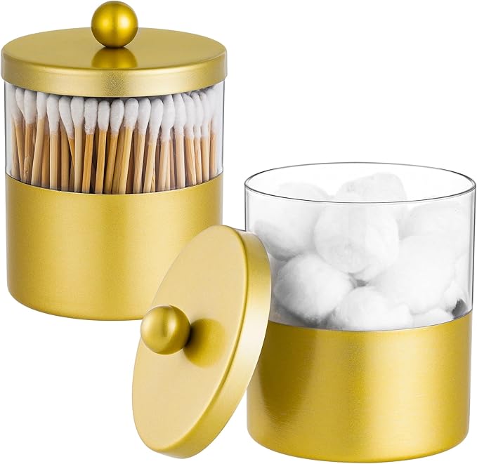 Gaussra Gold Qtip Holder, Apothecary Jars - Stainless Steel Bathroom Jar with Stickers - Farmhouse Decor Qtip Dispenser for Qtips, Cotton Balls, Swabs, Makeup Sponges (2-Pack)
