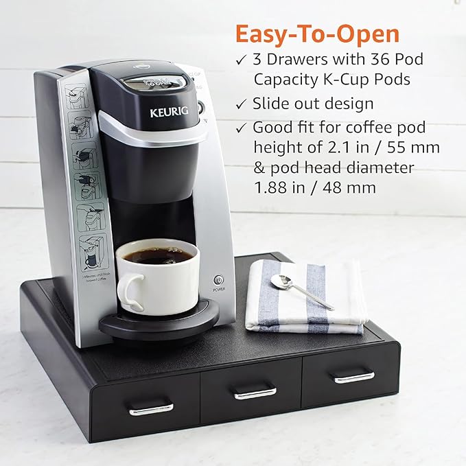 Amazon Basics K-Cup Compatible Coffee Pod Storage Drawer, 3 Easy-Open Drawers, 36 Pod Capacity, Black