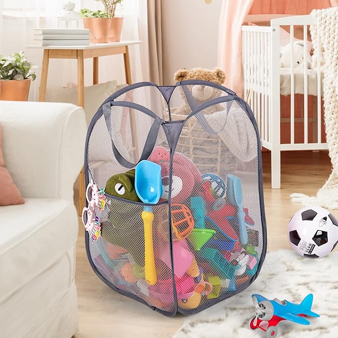 BATTOO Deluxe Strong Mesh Pop up Laundry Hamper Basket with Side Pocket for Laundry Room, Bathroom, Kids Room, College Dorm or Travel 2 x Grey