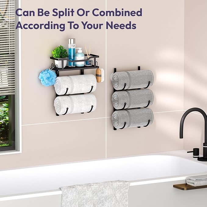 SWTYMIKI Over The Door Towel Rack - 6 Tier Towel Racks for Bathroom Wall Mounted, Towel Holder with Shelf, Hanging Rolled Towel Storage Organizer for Small Bathroom, Camper, RV, Black