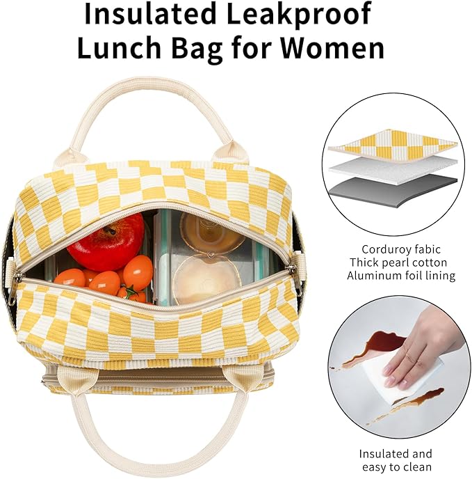 Lunch Bag Women Lunch Box for Women Adult Cute Insulated Lunch Bag Lager Cooler Lunch Tote Bags for Work Picnic (Beige-Yellow Plaid)