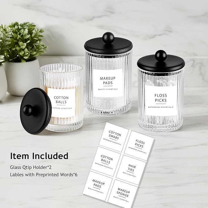 SheeChung 2-Pack Black Ribbed Glass Qtip Holder - Apothecary Jars Bathroom Organizer with Metal Lids - Countertop Vanity Canister Set for Cotton Swabs, Rounds, Pads, Floss Picks