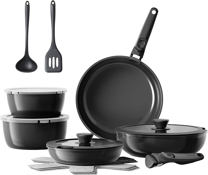 Redchef 16pcs Ceramic Pots and Pans Set Non Stick, Nonstick Ceramic Cookware Set with Detachable Handle, Non Toxic, PFAS PFOA & PTFE Free RV Cookware for Camping, Dishwasher/Oven Safe (Green)