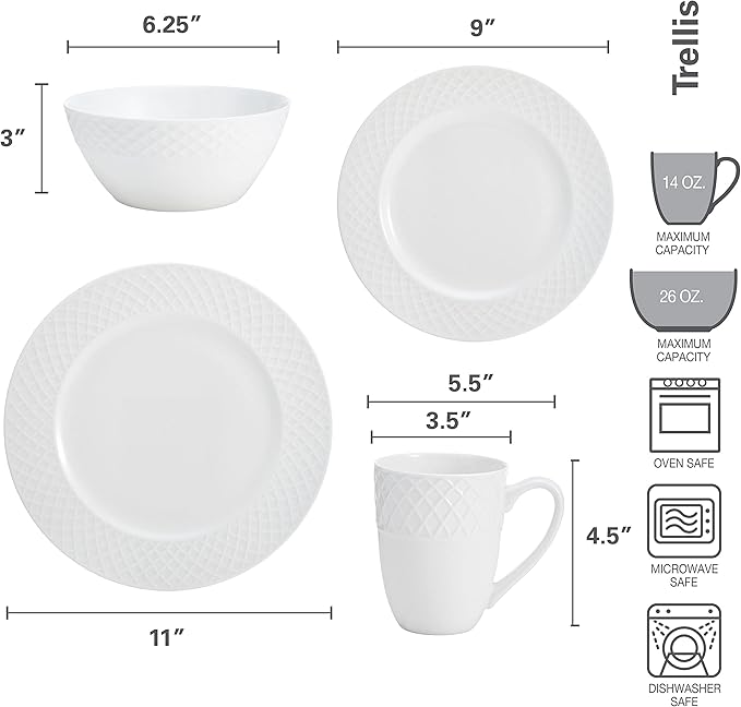 Mikasa Trellis 16-Piece Bone China Dinnerware Set, White, Includes Dinner Plates, Salad Plates, Cereal Bowls and Mugs, Dishwasher Safe
