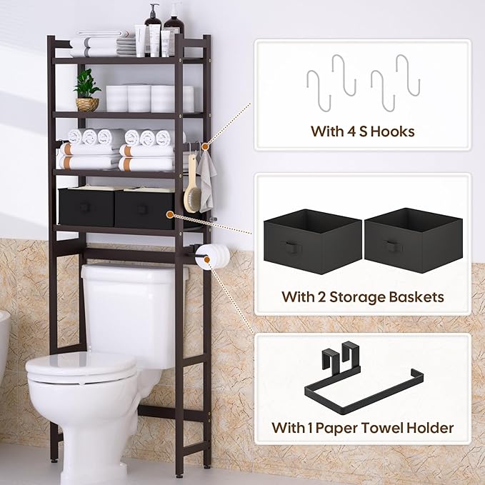 Over The Toilet Storage with 2 Baskets, 4-Tier Bamboo Organizer Rack with Paper Holder & 4 Hooks & Waterproof Feet Pad,Freestanding Shelf for Bathroom(Brown)
