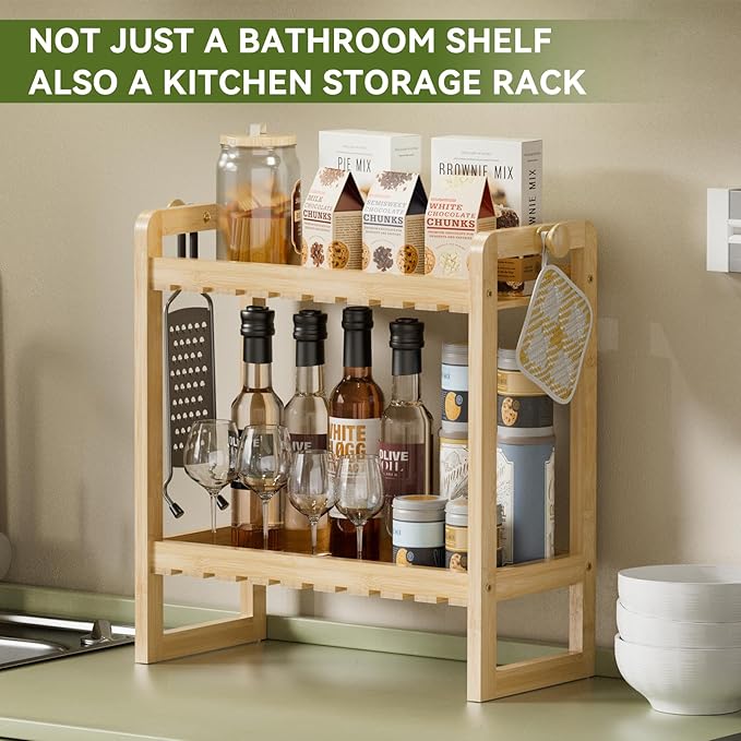 AmazerBath Bamboo Over The Toilet Storage Shelf - 2-Tier Bathroom Organizers and Storage Shelves, 2 in 1 Dual Stable Above Over Toilet Bamboo Shelf Home Storages Rack for Small Bathroom, Space Saver