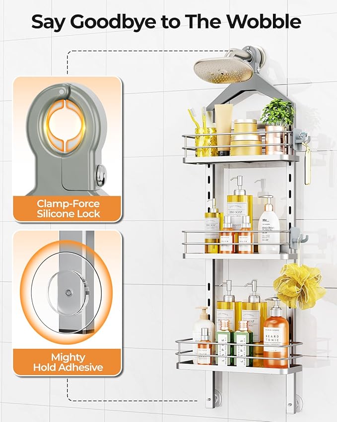 ODesign 3 Tier Height-Adjustable Shower Caddy Hanging Anti-Swing-Over The Shower Head Caddy-Storage Organizer Bathroom Shelves Basket-Silver