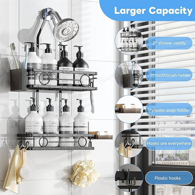 Adjustable Shower Caddy Hanging Rustproof Large-Capacity Bathroom Organizer Shower Racks with Hooks for Razor Bathroom Organizers and Storage