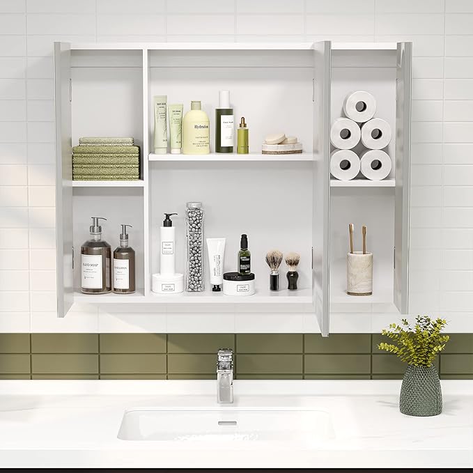 Medicine Cabinets Bathroom Mirror Cabinet with 3 Door 31.5x23.6 Inch Bathroom Wall Cabinet with Mirror Wall Mirror Storage Shelf with 3-Adjustable Shelves Storage Organizer Kitchen Cupboard,White