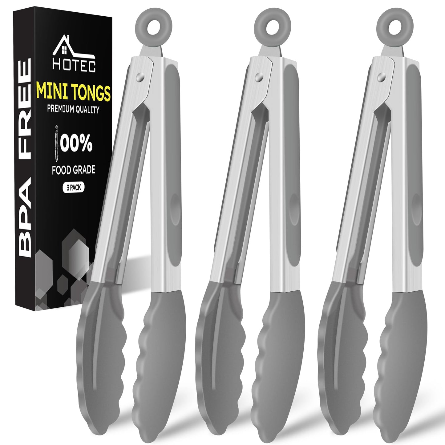 Hotec 7-Inch Mini Silicone Kitchen Tongs, Heat Resistant Non-Stick Small Serving Tongs with Silicone Tips, Food Safe Cooking Tongs Set of 3 (Black, Grey, White)