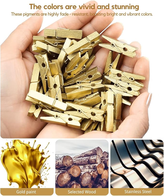 Mini Clothes Pins Wooden Colored Small Clothespins for Photo 1.4 Inch 50 PCS Gold, Tiny Clips Close Pin for Baby Shower Classroom Crafts Project Decorations Hanging Pegs