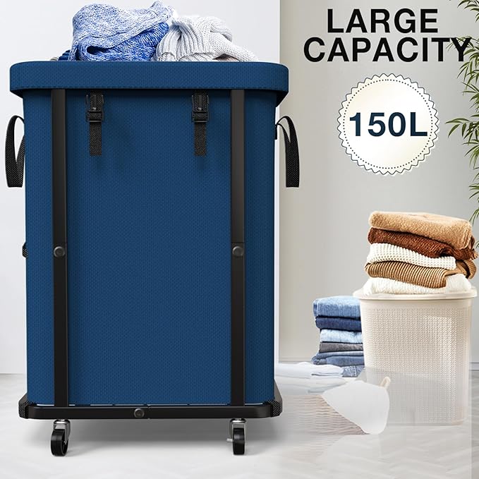 40 Gal(150L) High Grade Large Laundry Basket with Wheels, Rolling Laundry Hamper, Laundry Cart with Metal Frame and Removable Bag Design, Suitable for Laundry Room, Bedroom (Dark Blue, 150L)