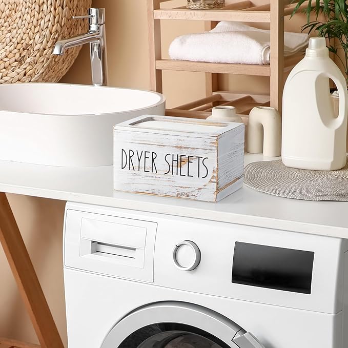 Dryer Sheet Holder, White Washed Wood Laundry Sheets Container, Laundry Room Organization and Storage for Farmhouse Laundry Room Decor and Accessories, Fabric Sheet Dispenser