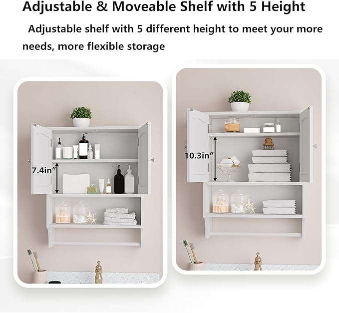 Bathroom Cabinet, White Bathroom Wall Cabinet with 2 Doors and Adjustable Shelf, Wall Mount, Towel Rack, Over The Toilet Storage Cabinet, Medicine Cabinet