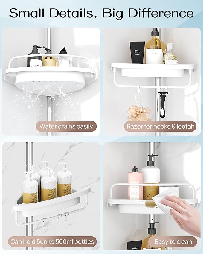 ALLZONE Rustproof Shower Caddy Corner for Bathroom, Tension Corner Shower Caddy Tension Pole, Solid Shower Organizer with 4 Adjustable Shower Shelves, Shower Rack Fit Heights 34 to 116 Inches,White