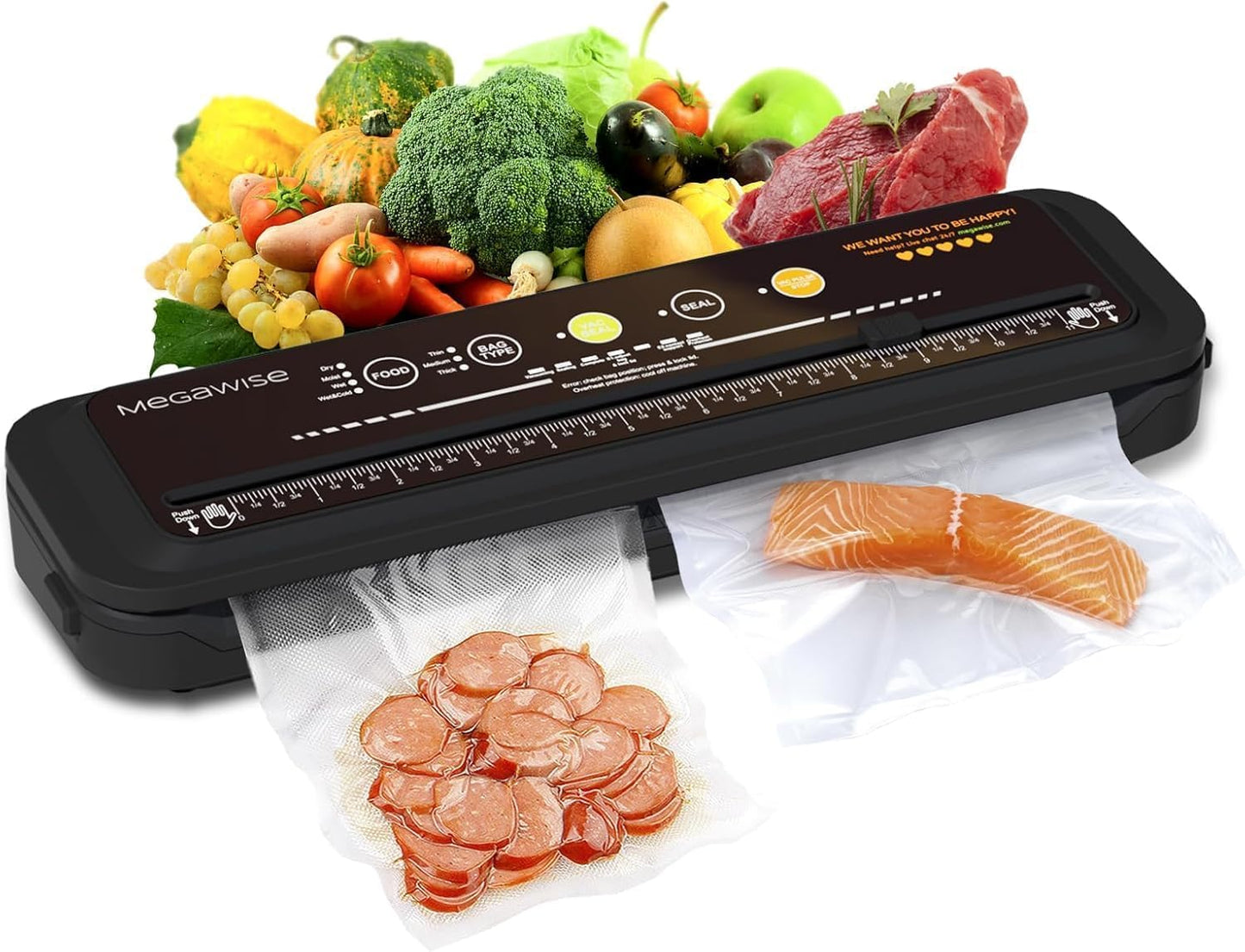 MEGAWISE Vacuum Sealer Machine, 2025 Model with 80kPa Suction Power, One-Touch Operation, Built-in Cutter, Compact Design, Vacuum Bags Included (Grey) (16.14 x 4.02inch)