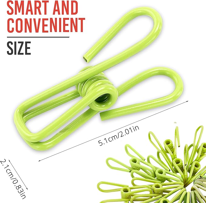 30 Pack Green Chip Bag Clips for Food - PVC 2 Inch Coated Sealer for Sealing Food - Paper Holder, Clothesline Clip for Laundry Hanging, Kitchen Bags, Multipurpose Clothes Pins