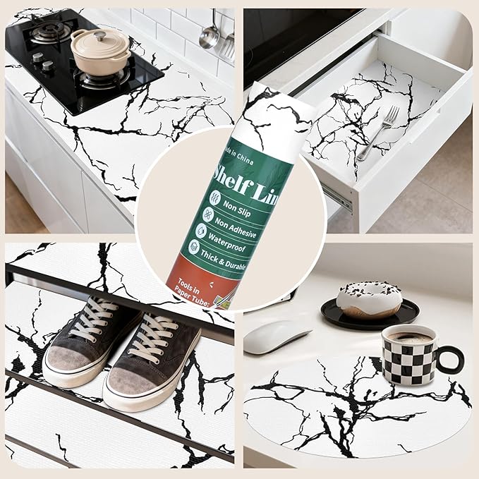 2-Layer Drawer and Shelf Liner for Kitchen Cabinet: 17.3in X 20Ft Non Slip Waterproof Shelf Paper Non Adhesive Refrigerator Liners White/Black Marble Easy Liners for Bathroom with Knife Tape Measure