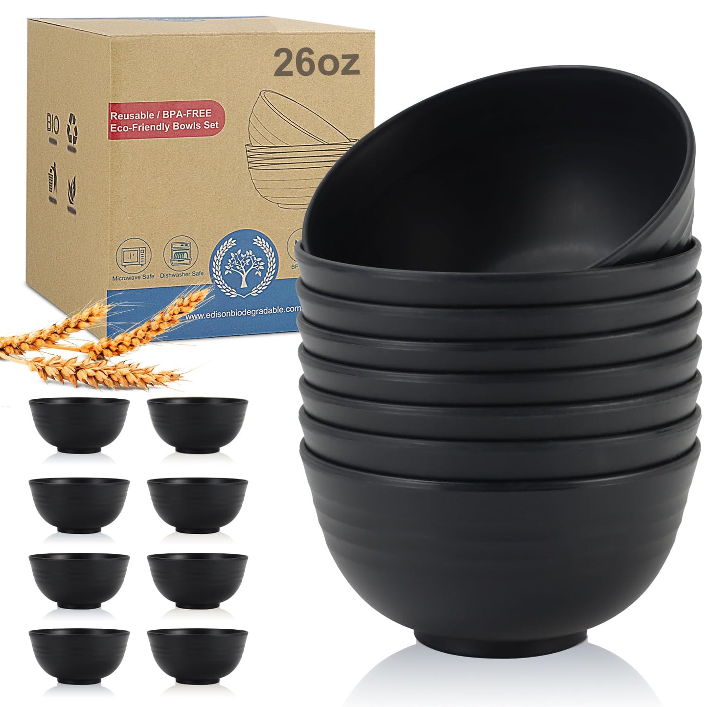 Wrova wheat straw small bowls 10oz set of 8 - Unbreakable Dessert Bowls for kids - Mini Bowl Sets for Ice Cream,Snack and Fruits - Microwave & Dishwasher Safe Appetizer Bowls (Deep Grey)