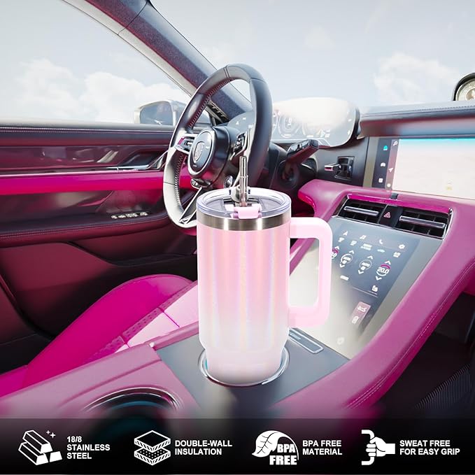 30 oz Shiny Tumbler with Handle,Tumbler with Lid and Straw,Double Wall Insulated Cup Stainless Steel Travel Mug(Cold for 34 Hours),Water Bottle for Iced Tea,Coffee,Cold Beverages(Pink)