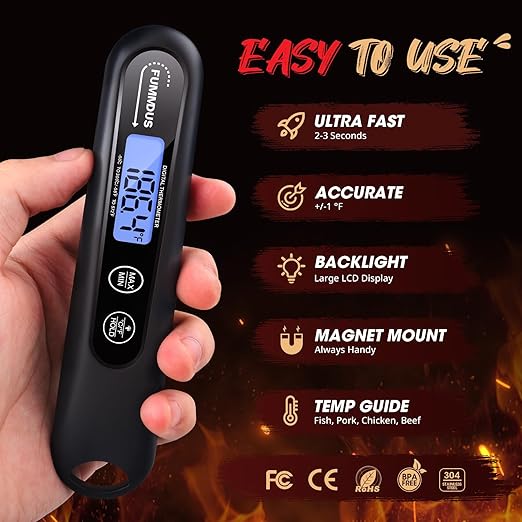 FUMMDUS Meat Thermometer Digital, 3S Instant Read Food Thermometer for Cooking with Backlight & Magnet, Foldable Temperature Probe Kitchen Gadgets Essentials for BBQ Oven Grill Smoker Candy