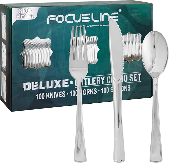 FOCUSLINE 300 Count Gold Plastic Silverware Set, Disposable Plastic Cutlery