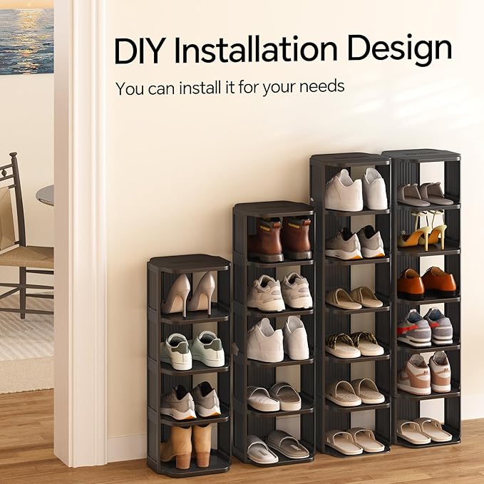 Kitstorack 10 Tiers Stackable Shoe Rack for Closet and Front Door Entrance - Free Standing Plastic Stand, Narrow Tall Vertical Organizer for Small Spaces Storage