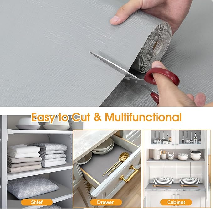 Shelf and Drawer Liner for Kitchen Cabinets Non-Adhesive, Strong Grip Non-Slip Thickened Cabinet Liners for Shelves, Waterproof Mats for Dresser Cupboard, Pure Gray, 12 in x 20 Feet