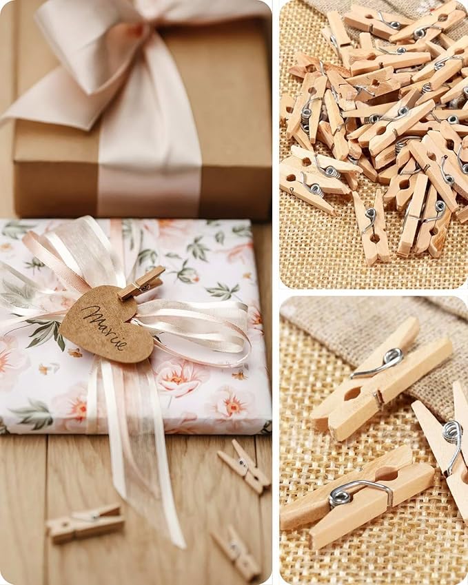 Mini Clothes Pins for Photo, Natural Small Wooden Clothespins 1 Inch Tiny Wood Decorative Clips Bulk, 33FT Jute Twine and Clothespins for Crafts Photos Pictures Baby Shower Game Classroom, 250 PCS