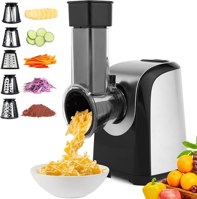 Electric Cheese Grater, 250W Electric Slicer Shredder, One-Touch Control Electric Salad Machine for Cheese, Fruits, Vegetables, Salad Maker with 5 Different Shapes of Blades, 2026 Upgrade