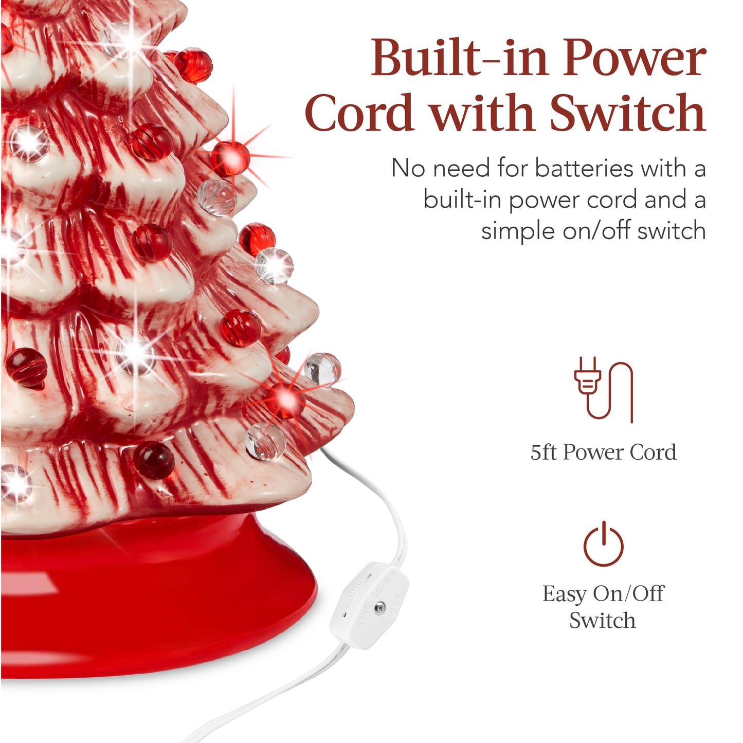 Best Choice Products 15in Ceramic Christmas Tree, Pre-lit Hand-Painted Tabletop Holiday Tree, 2 Star Toppers, 64 Lights - Peppermint w/Red and White Bulbs
