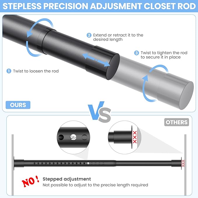 Closet Rods for Hanging Clothes, 17 to 99 Inch Stepless Adjustable Closet Rod, 1.3 Inch Diameter Metal Heavy Duty Closet Hanging Rod for Closet Wardrobes Laundry RV, Black