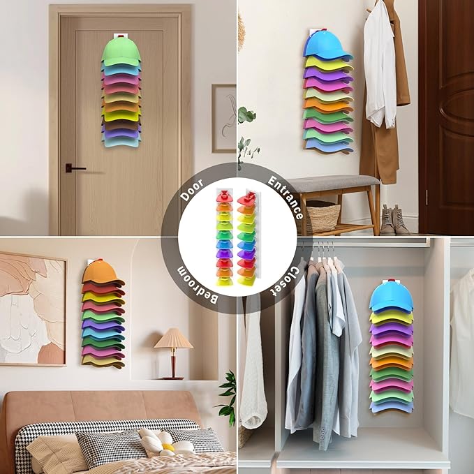 Hat Organizer for Baseball Caps, 2 Pack Hold Up to 40 Hats, Hat Rack for Wall Space Saving, Hat Hanger w/Strong Adhesive Hat Storage Holder Display for Closet Door and Wall(White& Color)
