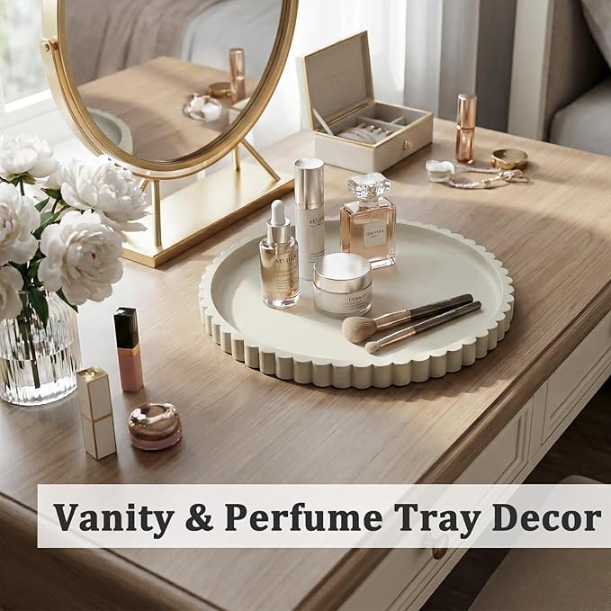 Silicone Bathroom Countertop and Vanity Tray, Round Silicone Bathroom Tray, Modern Bathroom Decor, Coffee Table Decor, Decorative Tray for Candle, Perfume, Plants (Khaki, 9 inch)