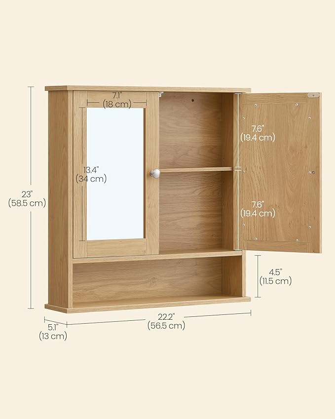 VASAGLE Bathroom Cabinet with Mirror, Wall Cabinet with 2 Mirrored Doors, Adjustable Shelf, Open Compartment, Wall-Mounted, 5.1 x 22.2 x 23 Inches, Natural Oak ULHC003Y01