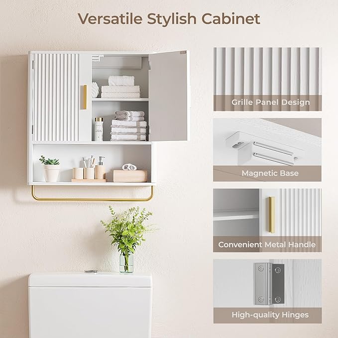 Bathroom Cabinet Wall Mount with Fluted Door Panel & Adjustable Shelf, Medicine Cabinet with Open Partition and Towel Bar, Wall Storage Cabinet for Laundry Room & Kitchen (White)