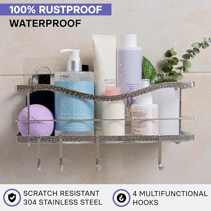 Luxury Multipurpose Storage Caddy, 12.75W x 5D x 5H inches, 4 Hooks, Peel and Stick, Rustproof Stainless Steel, Shower Organizer, Under-Sink, Spice Rack Wall Shelf (1)