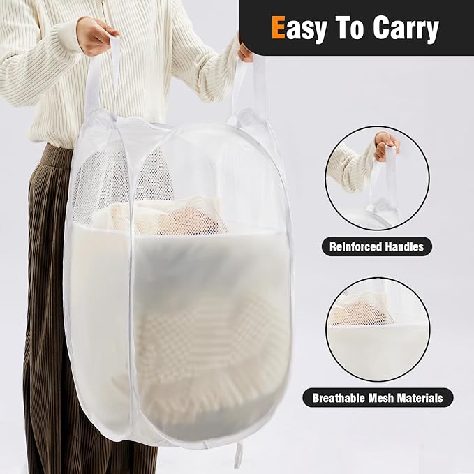 TECHMILLY Pop Up Foldable Laundry Basket, Mesh Laundry Hamper with Reinforced Handles for Dirty Clothes Storage in Dorm, Laundry Room, Bathroom, White(Fabric), 2 Pack