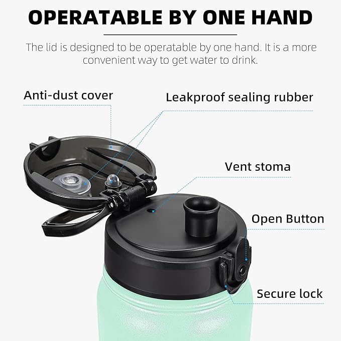 Fanhaw 20 oz Insulated Stainless Steel Water Bottle with Anti-Dust Chug Lid, Leakproof Vacuum Metal Bottle for Kids, Women & Men (Green Pink)