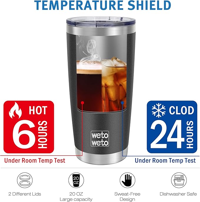 WETOWETO 20oz Tumbler, Stainless Steel Vacuum Insulated Coffee Travel Mug, Double Wall Powder Coated Insulated Coffee Mug Travel Mug with Lid Thermal Cup for Outdoor, Black, 6 Pack