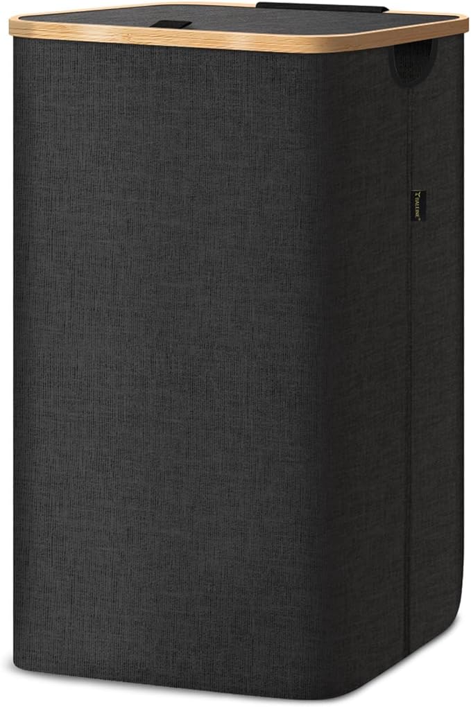 BALEINE Laundry Hamper with Lid, Tall Laundry Baskets with Bamboo Pull Handles, Large Laundry Bin with Internal Support (26Gal/100L, Carbon Black)