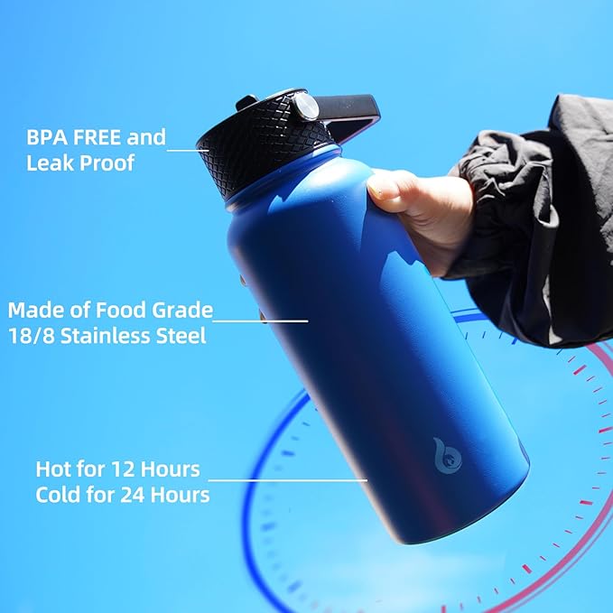 BJPKPK Insulated Water Bottles with Straw Lid, 40oz Stainless Steel Water Bottles with 3 Lids, BPA Free Leakproof Thermo, Tumblers, Cups for Sports, Gym- Turquoise
